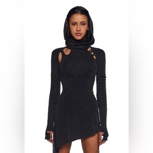 Dolls kill FREQUENCY ASYMMETRICAL HOODED MINI DRESS - BLACK Xs